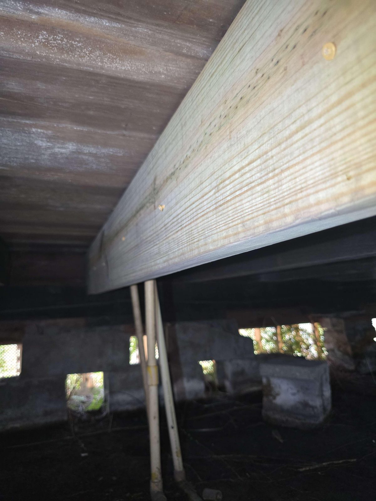 A crawlspace floor joist with a notch cut into it to accommodate plumbing pipes, with a second joist fastened alongside it using visible deck screws