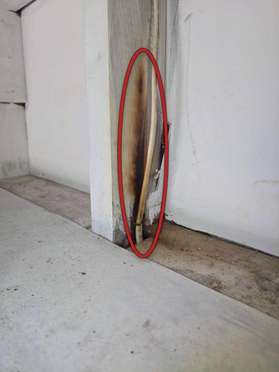A length of white Romex electrical cable stapled to wood framing, showing dark discoloration concentrated at and near the metal staples.